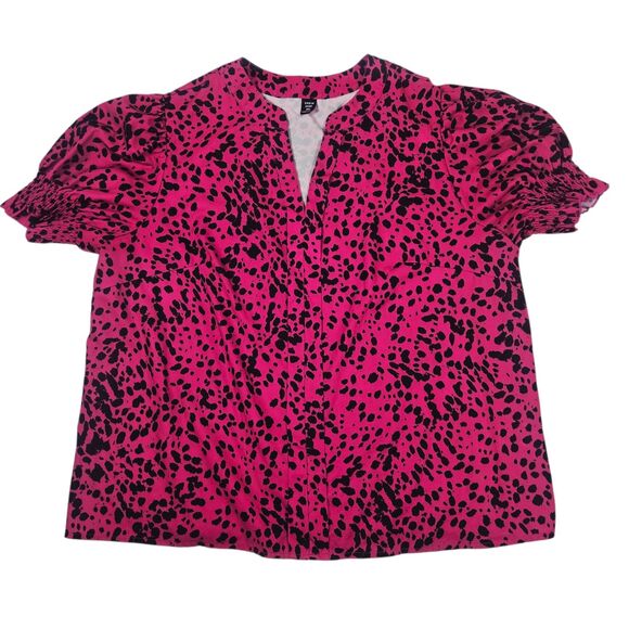 Shein Curve 2XL Pink & Black Cheetah Print V Neck Smocked Puff Sleeve - Picture 1 of 9
